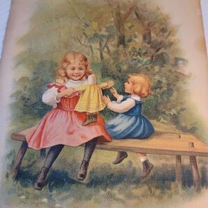 Antique Lithograph Little Girls Doll 1912 Wall Art